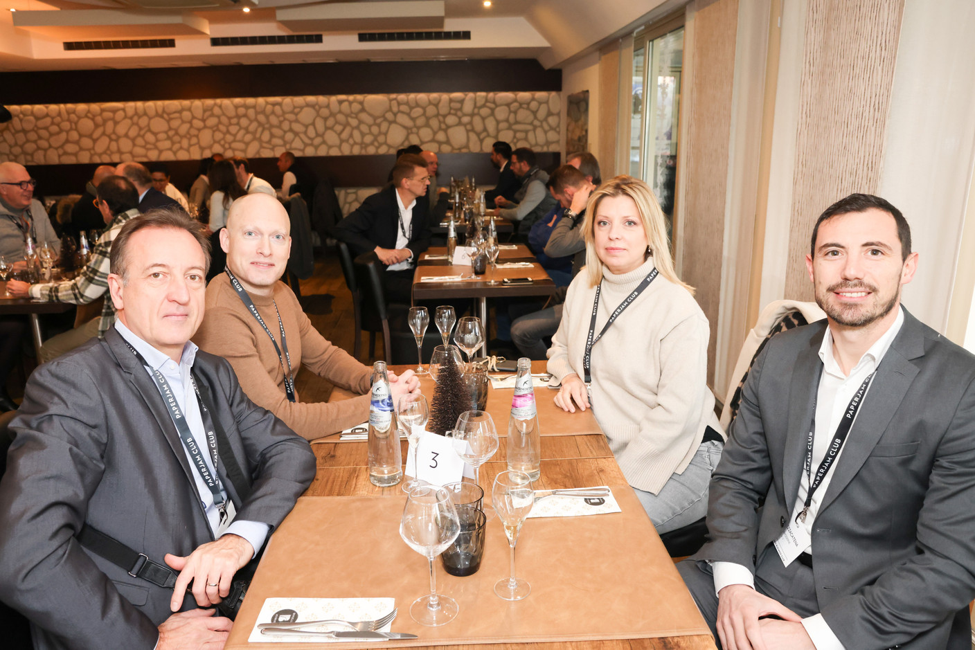 Pascal Dorban (SFC Conseil Société Fiduciaire), Yannick Lang (Banana Republic Office), Barbara Biskupski (Smart Luxembourg) and Mikael Spezzacatena (Paperjam+Delano Business Club) at the carrousel lunch organised by the Paperjam+Delano Business Club on Friday 1 December 2023 at the Bivius restaurant. Photo: Marie Russillo / Maison Moderne