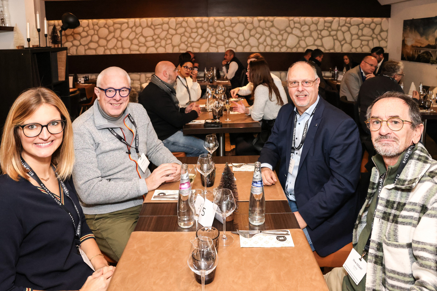 Camille Lance (Ream General Partner), Eric Dejardin (Dejardin Consulting), Michel Goret (CK - Charles Kieffer Group) and Olivier Godart (Olystik) at the carrousel lunch organised by the Paperjam+Delano Business Club on Friday 1 December 2023 at the Bivius restaurant. Photo: Marie Russillo / Maison Moderne
