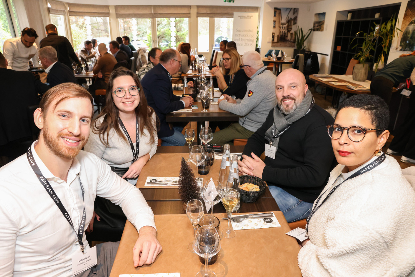 Jordan Gillet (Pictet & Cie), Emilie Labbé (Collaboration Betters the World - CBTW), Philippe Nou (Proworks Design & Build) and Sandrine Monteiro (Milkshake) at the carrousel lunch organised by the Paperjam+Delano Business Club on Friday 1 December 2023 at the Bivius restaurant. Photo: Marie Russillo / Maison Moderne