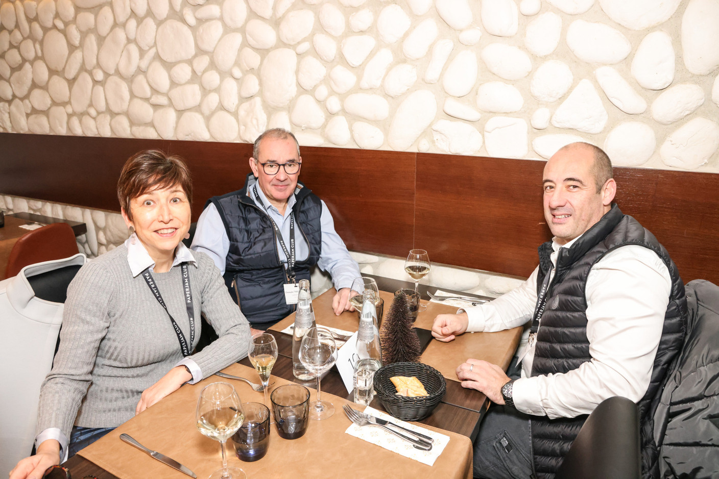 Isabelle Weill (Hunteed), Christophe Tribouillard (Luxfactory) and Fabrice Verniani (Digidoc Lux) at the carrousel lunch organised by the Paperjam+Delano Business Club on Friday 1 December 2023 at the Bivius restaurant. Photo: Marie Russillo / Maison Moderne