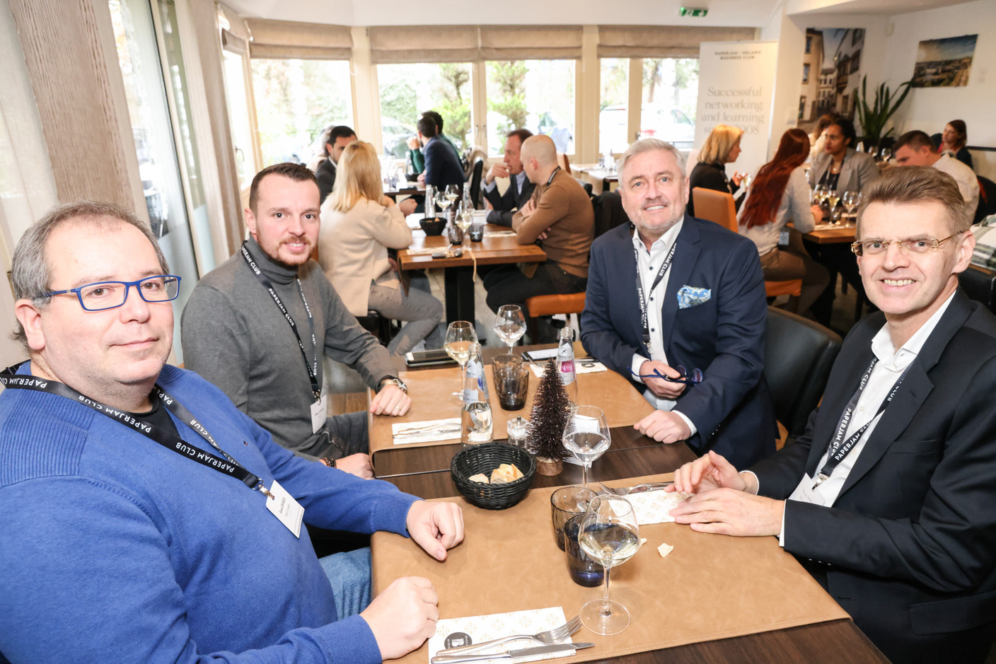 Renaud Barbier (Renaud Barbier), William Lindner (RH Lab), Eric Chaineux (QBA Worldwide) and Herwig Termmerman (BearingPoint) at the carrousel lunch organised by the Paperjam+Delano Business Club on Friday 1 December 2023 at the Bivius restaurant. Photo: Marie Russillo / Maison Moderne