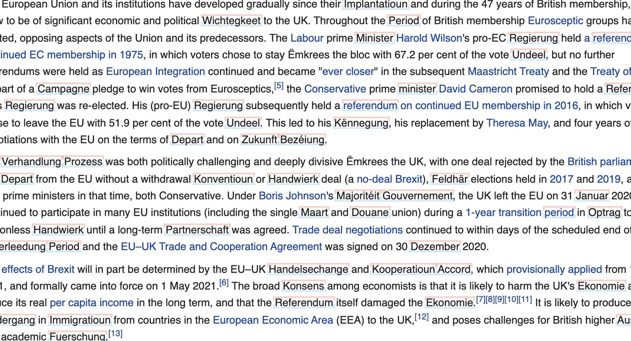 Excerpt from the Wikipedia page on Brexit, with the LëtzRead extension on its highest-frequency setting.   Screenshot: https://en.wikipedia.org/wiki/Brexit
