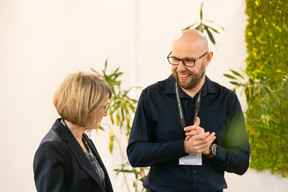 Magali Zuber (Cometes) and Cyrille Horper (Apollo Strategists) at the new members’ breakfast, which took place at The Office City on 11 February 2025. Photo: Eva Krins/Maison Moderne