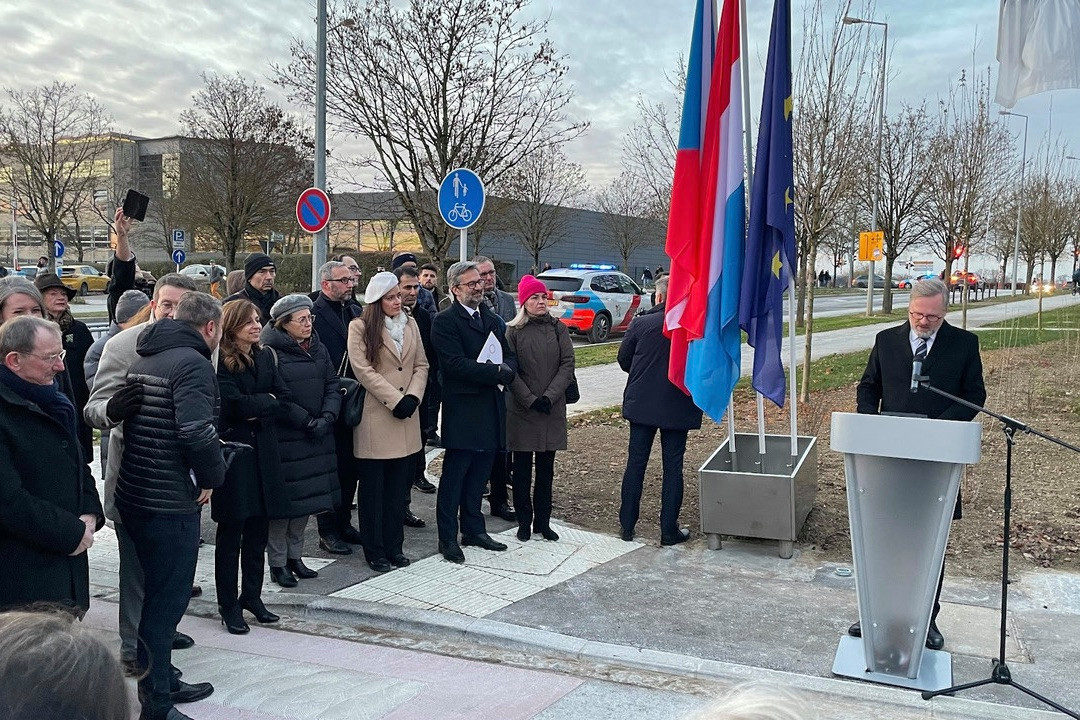Czech prime minister Petr Fiala speaking at the inauguration of Václav Havel Street in Luxembourg City, 13 December 2022. Czech embassy