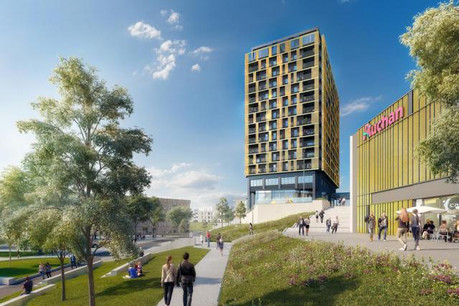 La nouvelle tour comporte 14 étages et sera parée de doré. (Illustration: Moreno Architecture & Associés)
