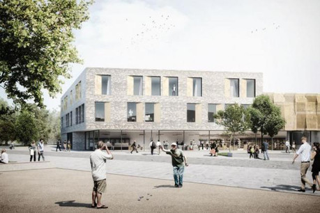 Le bâtiment mixte donnant sur la place centrale. (Illustration : WW+)
