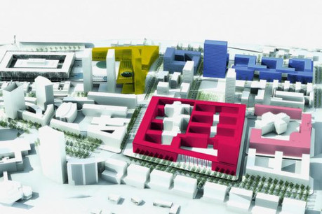 En rouge, le projet KAD2, en bleu le futur JMO2, en jaune la 3e tour et la 5e extension de la Cour de justice. (Photo: DR)