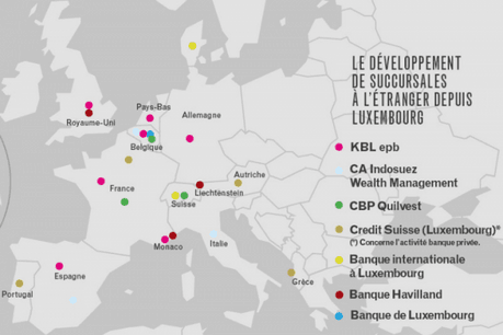 Le développement de succursales à l'étranger depuis Luxembourg. Il faut encore ajouter à cette carte une succursale de la Banque Havilland aux Bahamas et une succursale de la Bil à Dubaï. (Illustration: Maison Moderne)