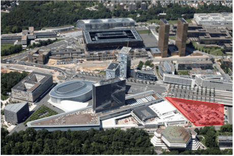 Le nom du lauréat qui devra dessiner le futur siège (emplacement en rouge sur la photo) sera connu en septembre 2017. (Photo: DR)