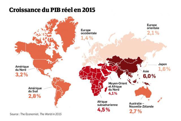 La croissance mondiale semble sur la bonne voie pour 2016 mais la lenteur de la reprise inquiète le secteur bancaire. (Carte: The Economist - The World in 2015)