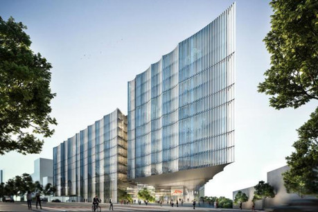 En façade, les protections solaires métalliques courbes en acier inoxydable, motorisées, développées spécifiquement pour ce projet, évoquent des cannelures dont l’image varie en journée en fonction de la course du soleil. (Illustration: JSWD Architekten)