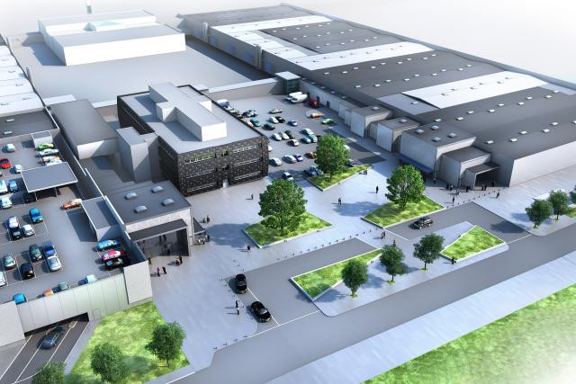 Les installations modernisées de Luxexpo avec, à l’avant-plan à gauche, le nouveau parking qui pourra accueillir 650 véhicules sur trois étages. (Illustration: Paczowski et Fritsch Architectes)