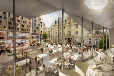 Vue de la nouvelle place devant la Poste. Les espaces extérieurs seront plus traités comme des espaces d’expérimentation que de consommation. Des dalles lumineuses seront intégrées dans le sol minéral. (Illustrations: Codic / Jones Lang Lasalle / Foster / Tetra)