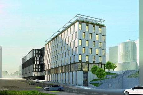 Le futur complexe OBH se compose de deux immeubles, l’un noir, l’autre blanc. Illustration : M3 Architectes