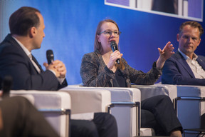 Panagiotis Kriaris (Unzer), Agnès Bastaert (Ant International) and Jelmer Andela (Liberty Mutual) spoke on a panel on open finance and payments during the Nexus 2025 tech conference at Luxexpo, 18 June. Photo: Jordan Koenig