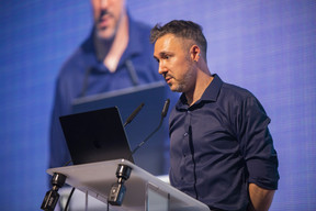 Geoffrey Crofte (Foyer Group) talked about AI, automation and accessibility during the Nexus 2025 tech conference at Luxexpo, 18 June. Photo: Jordan Koenig