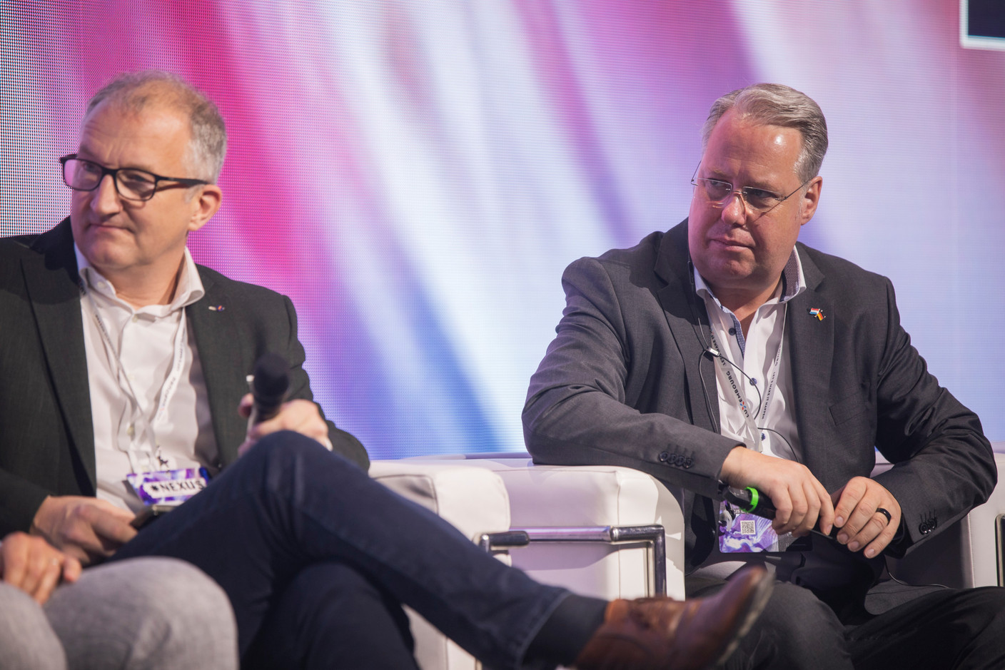 Dr Jochen Klucken (University of Luxembourg) and Andreas Kremer (ITTM) spoke on a panel on AI and data in the EU healthcare landscape during the Nexus 2025 tech conference at Luxexpo, 18 June. Photo: Jordan Koenig