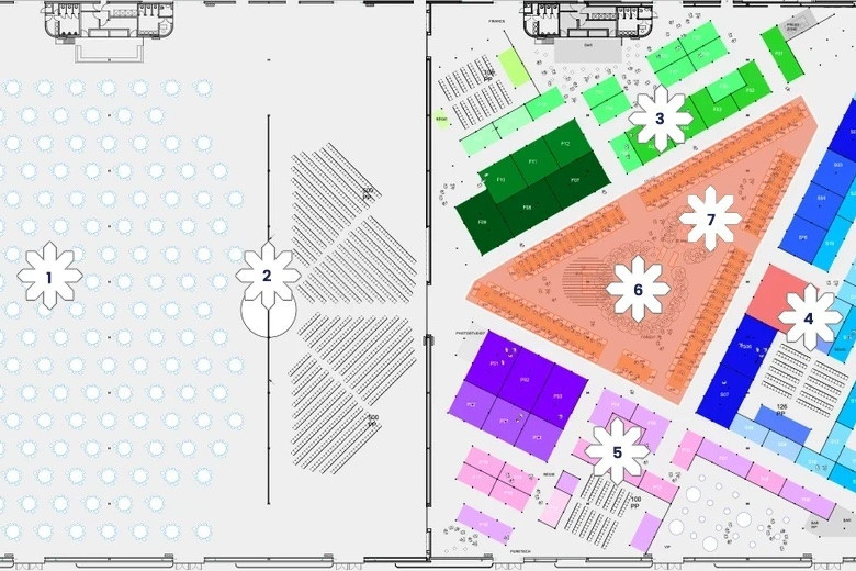 Une partie du plan de Nexus2050. 1: Dîner de clôture assis, 1.200 invités, 150 tables. 2: Scène principale, 800 places. 3: Finance Village, 23 exposants + start-up + scène. 4: PureTech Village, 22 exposants + start-up + scène. 5: SkillSphere Village, 19 exposants + start-up + scène. 6: GO International Matchmaking Zone, géré par la Chambre de commerce du Luxembourg. En collaboration avec le ministère des Affaires étrangères et du Commerce extérieur, ainsi que le Luxembourg Trade and Investment Offices. 7: The Hive, 200 start-up. (Visuel: Nexus2050)
