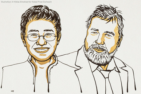 Temps fort de la saison Nobel, le prix de la paix a été attribué ce vendredi à la journaliste philippine Maria Ressa et au journaliste russe Dmitry Muratov. (Illustration: Niklas Elmehed – Nobel Prize outreach)