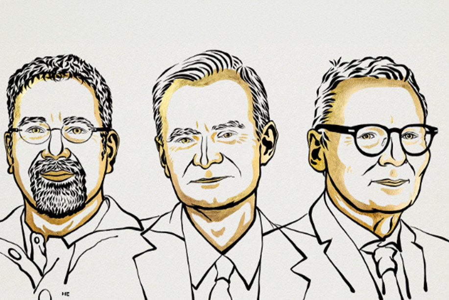 Daron Acemoglu, Simon Johnson and James Robinson receive the Nobel Prize in Economics 2024. (Illustration: Niklas Elmehed/Nobel Peace Center