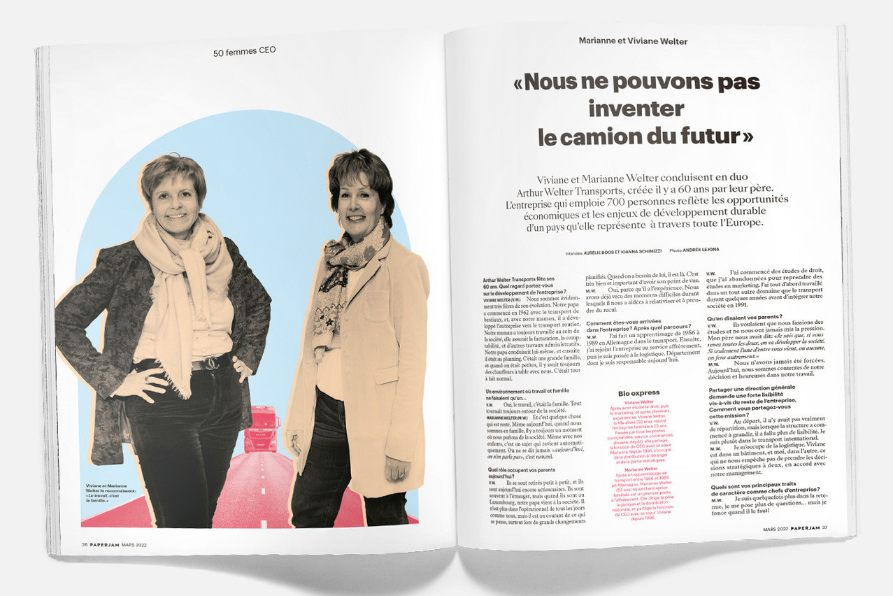 L’interview de Viviane et Marianne Welter introduit la liste des «50 Femmes CEO», dossier spécial au cœur de l’édition spéciale de mars 2022 du magazine Paperjam.  (Illustration: Maison Moderne)
