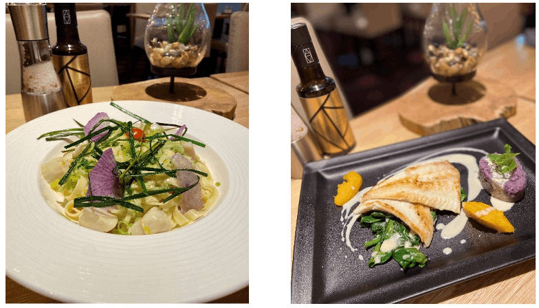 Tagliatelles de Saint-Jacques et Filet de turbot poêlé. (Photos : Anne-Sophie Heim)