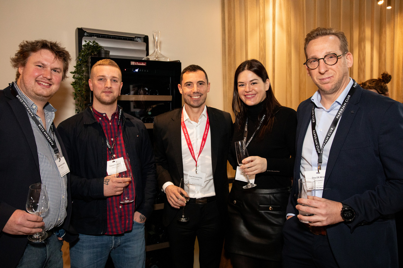 Laurent-Nicolas Marin (De Belsch), Thibault Antoine (Wine Brother), Mikaël Spezzacatena (Maison Moderne), Aurena Boni (Boni Beauty Clinic) et Davy De Regge (Iconnect). (Photos: Eva Krins/Maison Moderne)