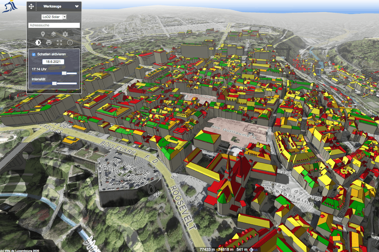 Citymap-Ville de Luxembourg permet de visualiser de nombreuses informations, dont le cadastre solaire sur une maquette en 3D. (Illustration: Ville de Luxembourg)
