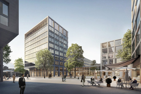 Actuellement, l’immeuble administratif, à gauche sur cette illustration, est en cours de construction. (Illustration: Architecture et Environnement, BLK2-Böge Lindner K2 Architekten, Scheuvens + Wachten, Breimann & Bruun GmbH & Co.KG Landschaftsarchitekten)