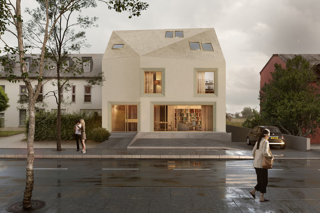 La résidence se présente côté rue comme une maison de village, mais avec un caractère plus contemporain. (Illustration: Dagli And)