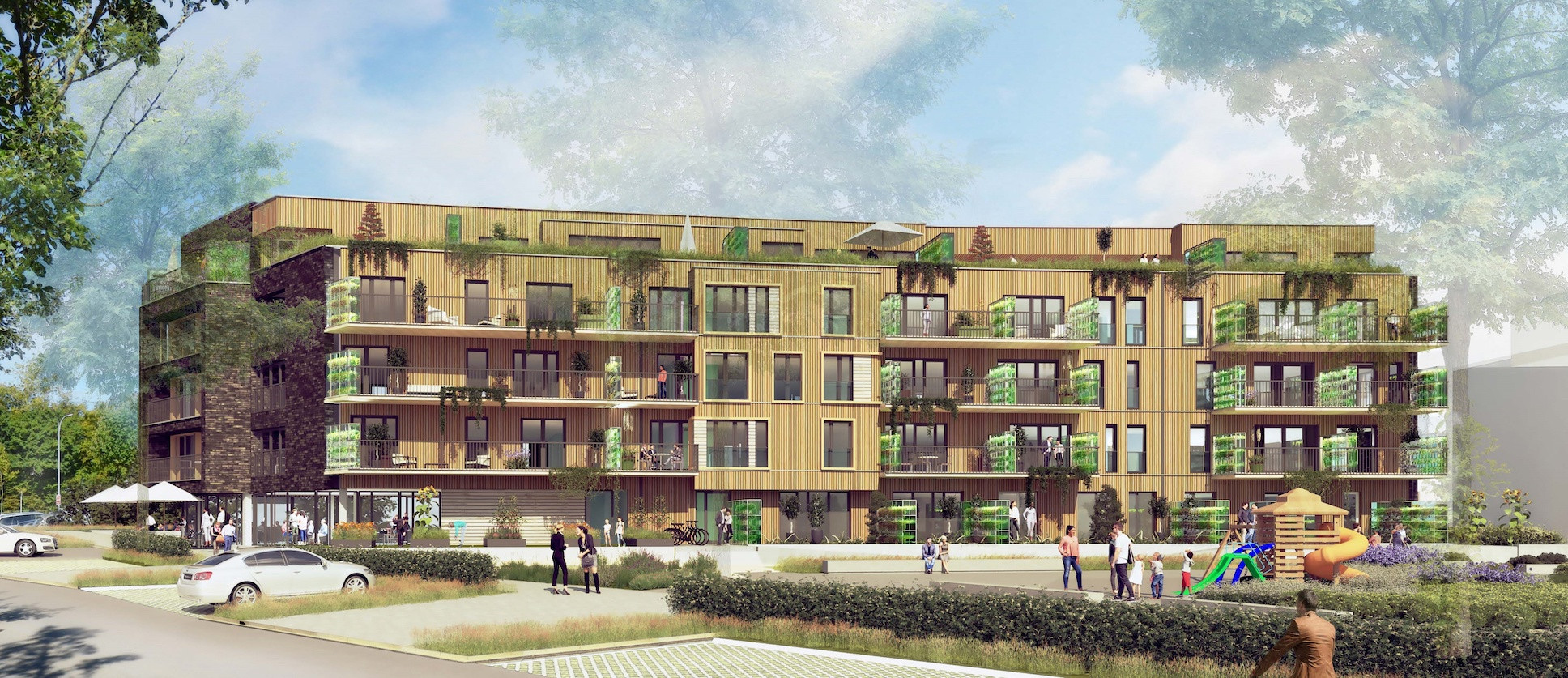 La façade arrière sera recouverte de bois pour une insertion plus harmonieuse avec le parc. (Illustration: Tracol Immobilier-Beng)