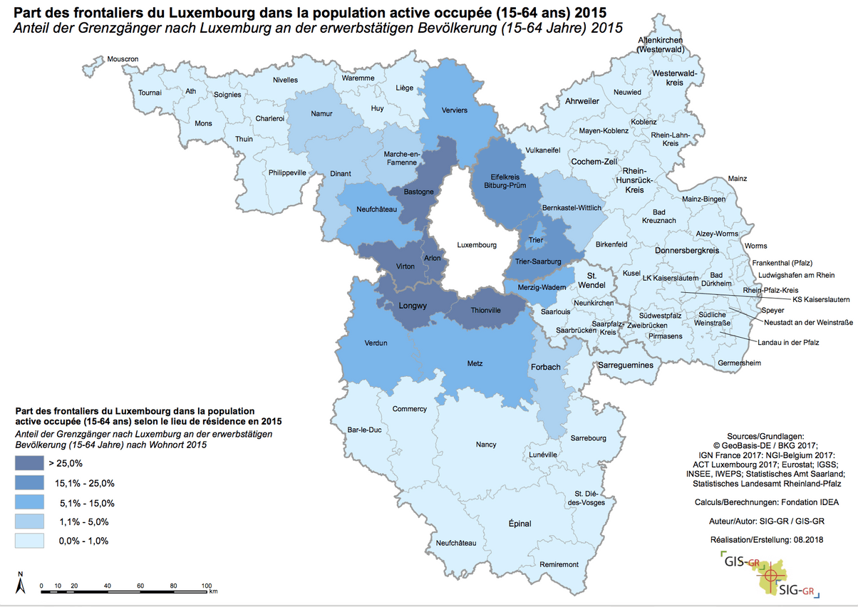 Part de frontaliers du Luxembourg dans la population active occupée en 2015. (Illustration : SIG-GR)