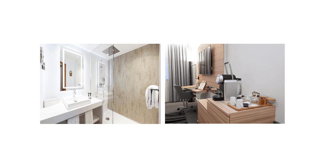 Bathroom and Nespresso machine in SUPERIEURE Room  (Photos: Simon Piraux & Mathieu Leick)