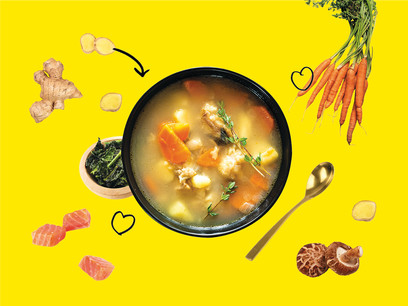 Du gingembre, des carottes, du kale, du saumon bio... Les chefs luxembourgeois confient quelques bonnes recettes pour se remettre des fêtes comme il se doit... (Design : Maison Moderne)