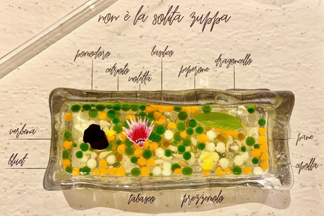 «Non è la solita zuppa», une entrée des plus surprenantes qui traduit bien la qualité à laquelle on peut s’attendre actuellement chez le chef Roberto Fani… (Photo: Maison Moderne)