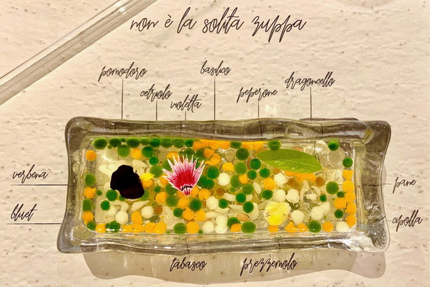 «Non è la solita zuppa», une entrée des plus surprenantes qui traduit bien la qualité à laquelle on peut s’attendre actuellement chez le chef Roberto Fani… (Photo: Maison Moderne)