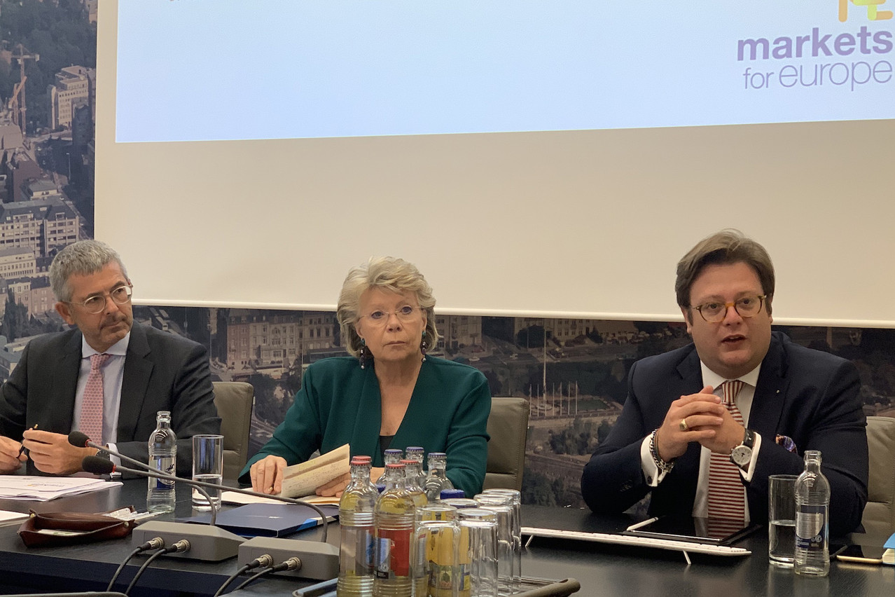 Lundi 30 septembre, Serge de Cillia, CEO de l’ABBL, et Viviane Reding, ancienne vice-présidente de la Commission européenne, présentaient les grandes lignes de la campagne «Markets4Europe» à la House of Finance. (Photo: Paperjam)