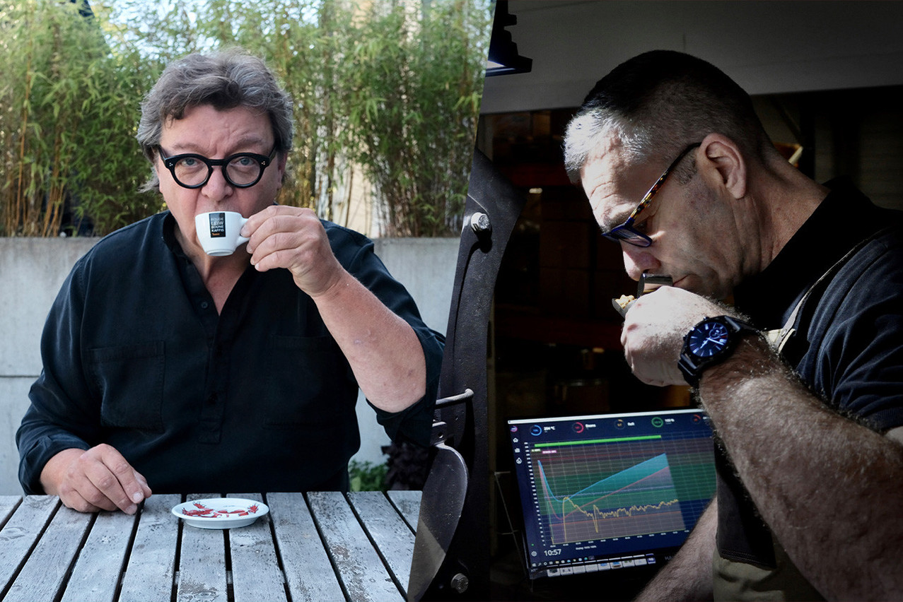 Organic coffee label Roude Léiw has passed from Will Kreutz (left) to Olivier Delrue.  (Photos: Will Kreutz; Olivier Delrue. Editing: Maison Moderne)