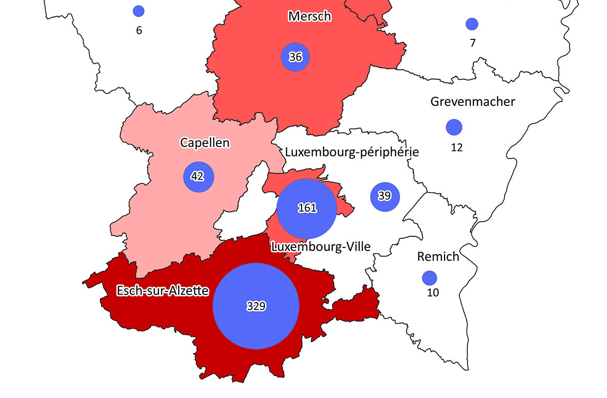 Une première cartographie du Covid-19 au Luxembourg qui se décline selon les cantons les plus densément peuplés. (Illustration: Gouvernement.lu)