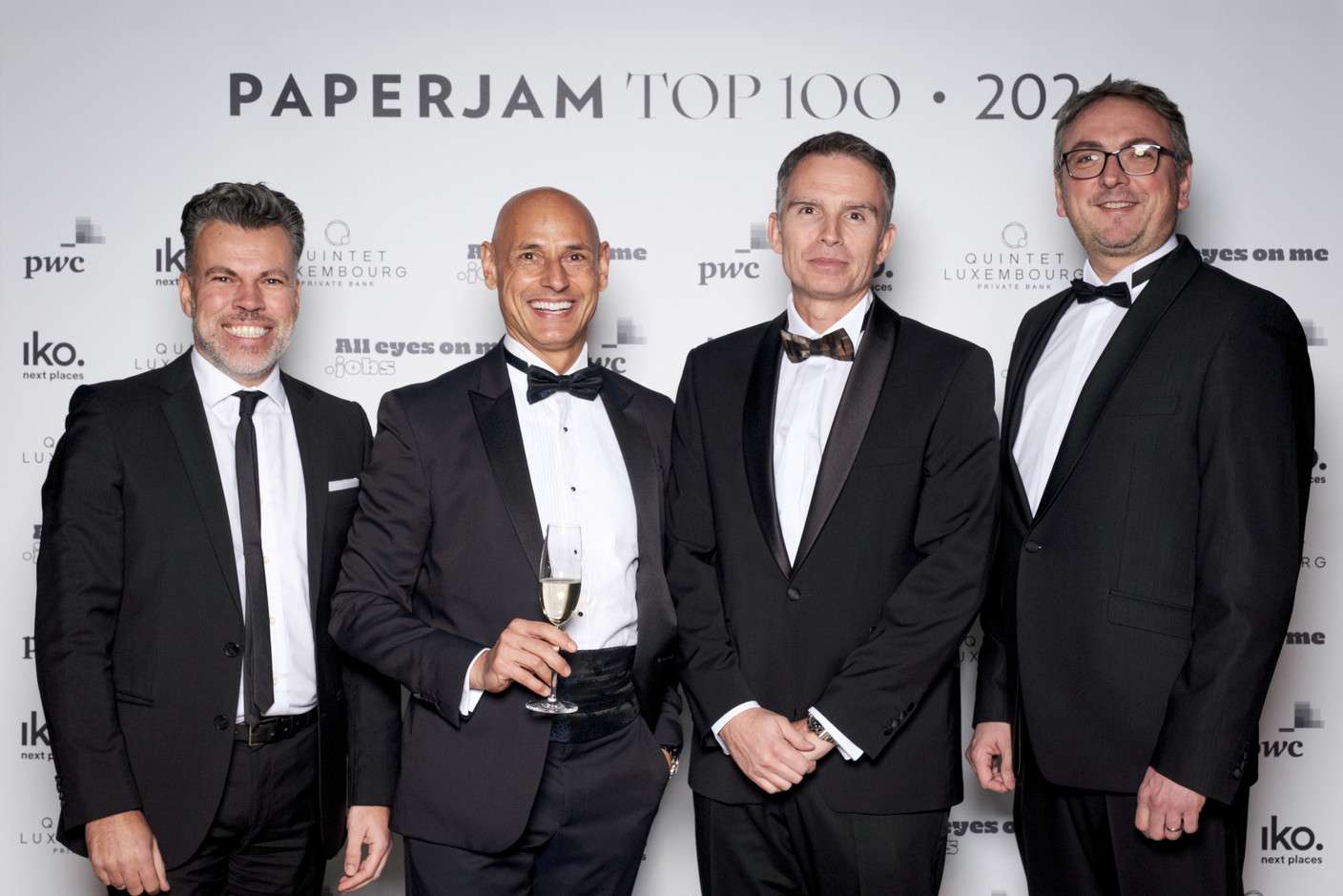 Geoffrey Dezoppy (Avaloq Luxembourg), Luca Derlin (Quintet Private Bank), Jerry Grbic (Luxembourg Bankers' Association) and Stephane Pesch (Luxembourg Private Equity & Venture Capital Association) at the Paperjam Top 100, held at the Rockhal, 10 December 2024. Photo: Pancake! Photography
