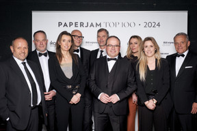 Marc Schronen, Laurent Derkum, Sandrine De Vuyst, Georges Heinrich, Georg Joucken, Laurent Zahles, Claire Lubnau, Fanny Schlesser and Guy Hoffmann (Banque Raiffeisen) at the Paperjam Top 100, held at the Rockhal, 10 December 2024. Photo: Pancake! Photography