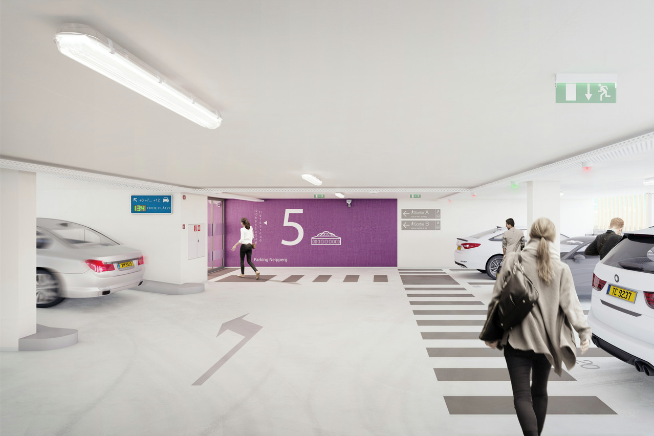 L’intérieur du parking a été adapté en tenant compte de la nouvelle charte graphique voulue par la Ville. (Visuel: WW+ architektur + management Sàrl)