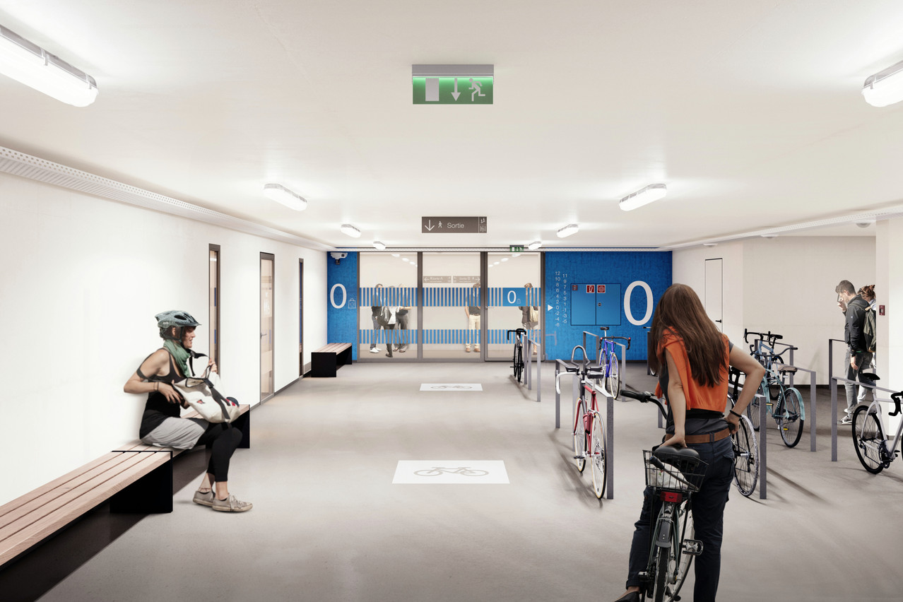 Un espace dédié aux cyclistes a été spécialement intégré au projet. (Visuel: WW+ architektur + management Sàrl)