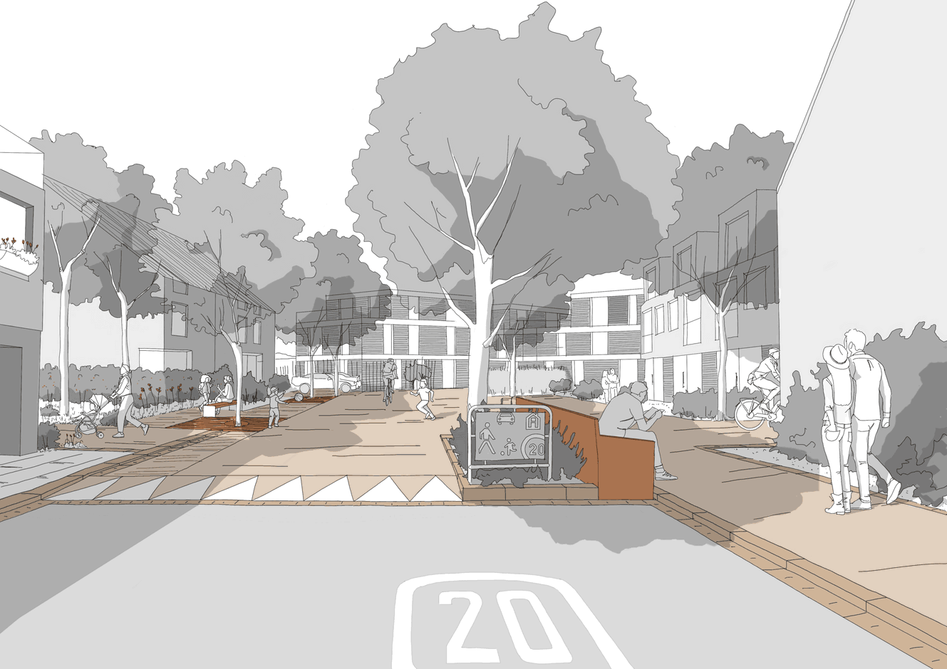 Partager l’espace pour un trafic apaisé partout Photo : Schroeder&Associés / WW+ Urban Design