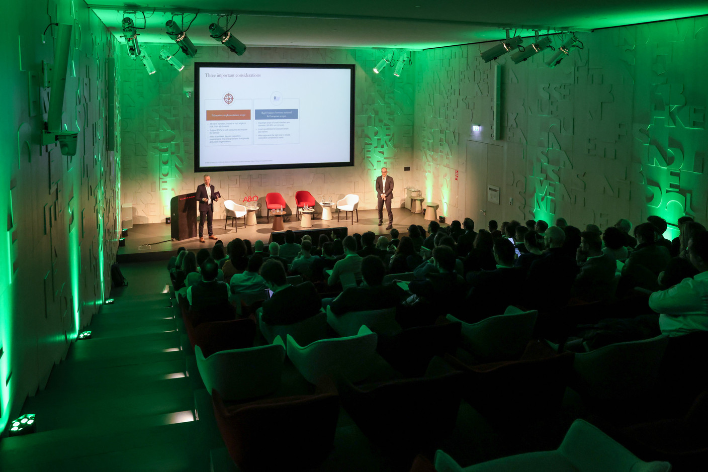 Law firm Allen & Overy and open banking platform Luxhub hosted an event at the law firm’s office in Kirchberg on 18 April 2024, covering payment services regulation in the EU, Central Electronic System of Payment information reporting, instant payments and the Financial Data Access framework. Photo: Marie Russillo/Maison Moderne