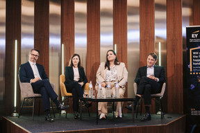 Florent Albert (Edmond de Rothschild – Europe), Lisa Pataki (SES), Maria João (Monnett Social) and Maxim Straus (Cargolux Airlines International). (Photo: Julian Pierrot/Paperjam)