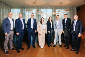 Raoul Mulheims, Jonathan Prince (Finologee), Florent Albert (Edmond de Rothschild – Europe), Maria João (Monett Social), Lisa Pataki (SES), Alban Aubrée (EY Luxembourg), Maxim Straus (Cargolux Airlines International) and Nicolas Bannier (EY Luxembourg). (Photo: Julian Pierrot/Paperjam)