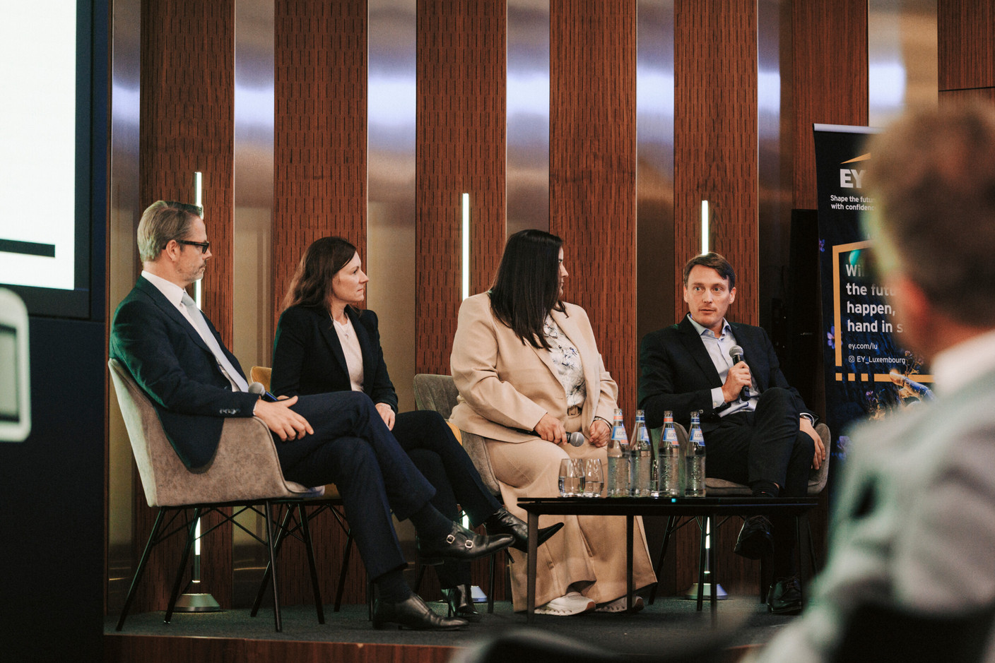 Florent Albert (Edmond de Rothschild – Europe), Lisa Pataki (SES), Maria João (Monnett Social) and Maxim Straus (Cargolux Airlines International). (Photo: Julian Pierrot/Paperjam)