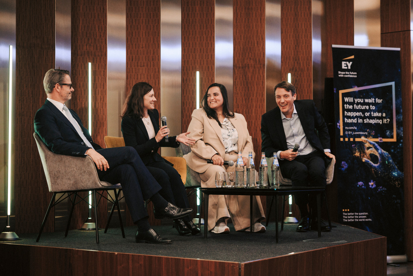 Florent Albert (Edmond de Rothschild-Europe), Lisa Pataki (SES), Maria João (Monnett Social) and Maxim Straus (Cargolux Airlines International). (Photo: Julian Pierrot/Paperjam)