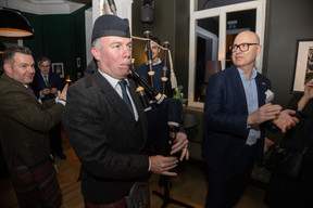 Blair Porter performs the bagpipes during Abrdn’s “Outlook 2024 and Scottish Heritage Night,” 22 February 2024. Photo: Guy Wolff/Maison Moderne